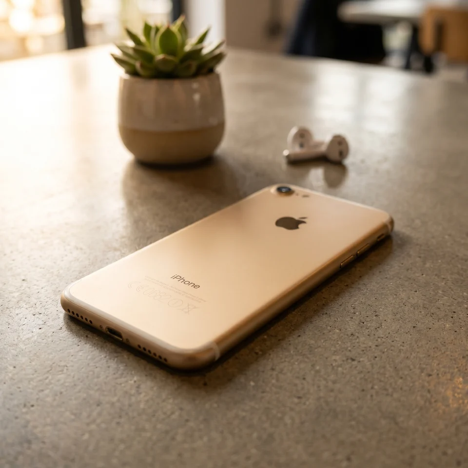 Hand holding refurbished Apple iPhone 7 128GB Gold in use, showing app icons, from mendmyi