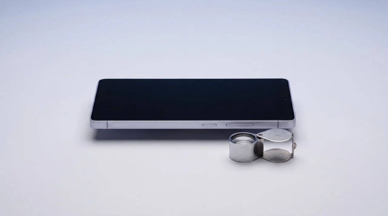 A refurbished Samsung Galaxy phone beside a jeweller's loupe, being checked for condition
