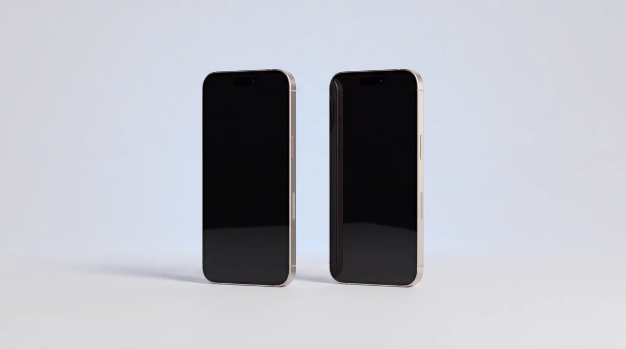 Two identical iPhone 15 Pro handsets standing side by side on a clean pale-grey studio surface, both screens dark, looking indistinguishable from each other