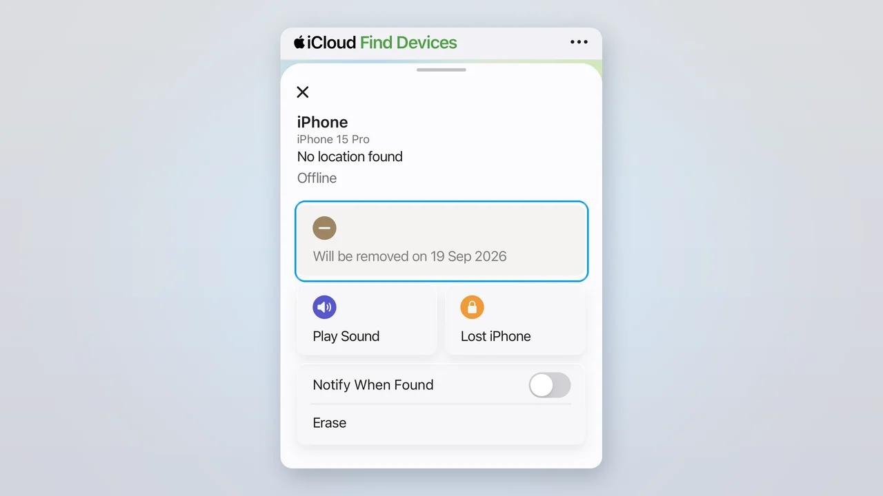 The iCloud Find Devices panel for an offline iPhone 15 Pro, showing a greyed pending-removal notice reading Will be removed on 19 Sep 2026, with Play Sound, Lost iPhone and Erase controls still available below it