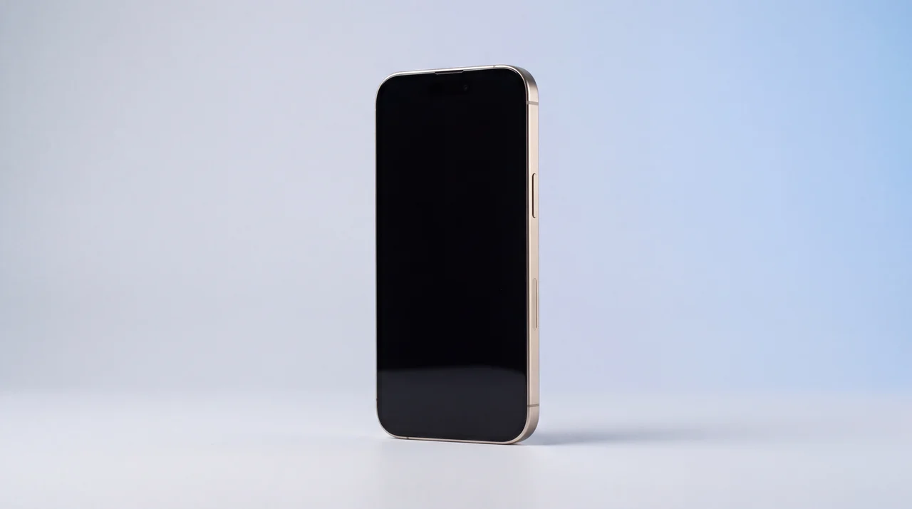 A single pristine iPhone 15 Pro standing upright on a clean pale-grey studio surface, screen dark and glass immaculate, signed out and ready to hand over