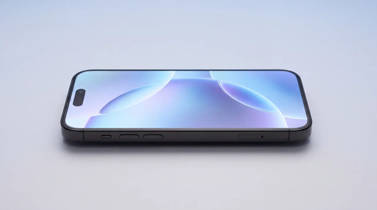 A black titanium iPhone 16 Pro lying flat on a pale-grey studio surface with its screen awake and glowing softly, as a configured screen should