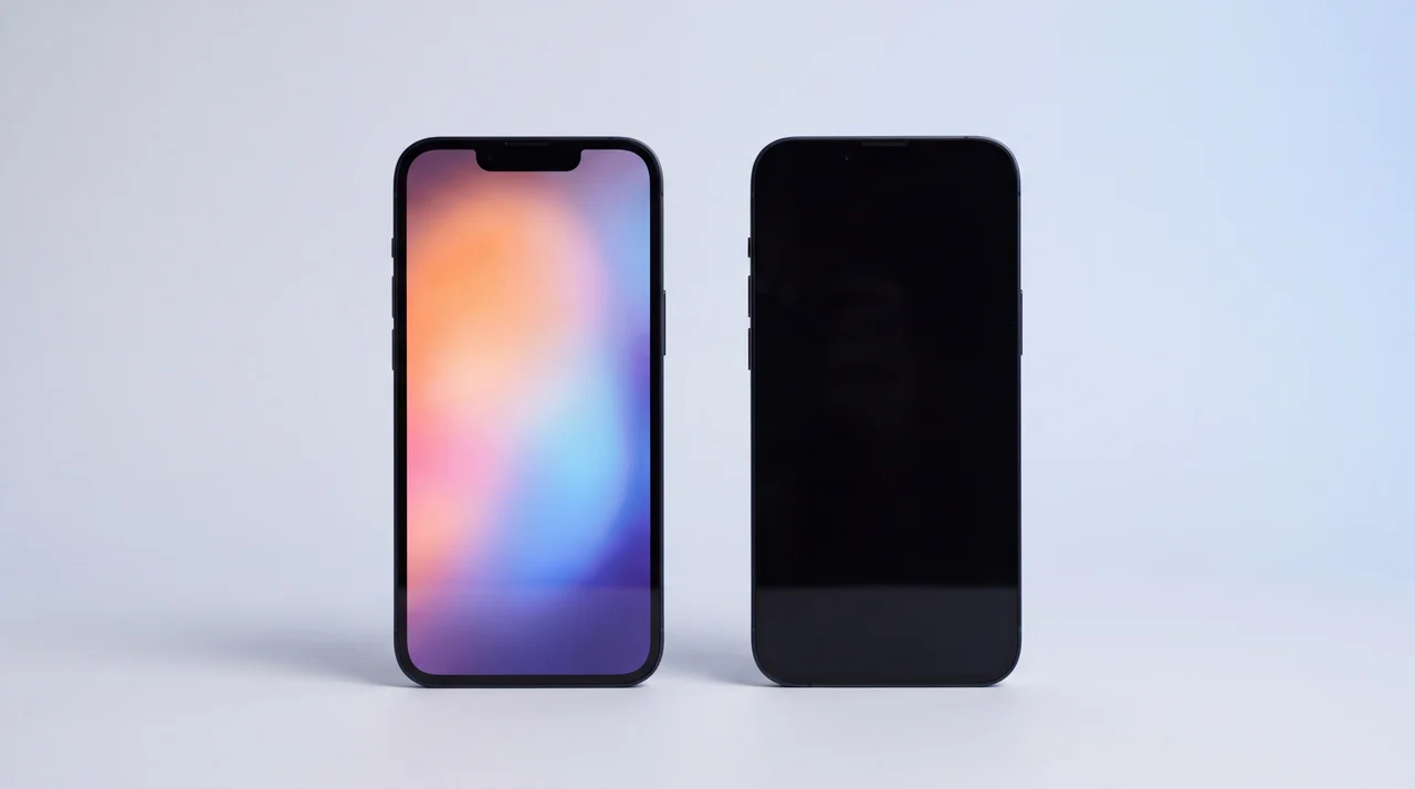 Two identical midnight iPhone 13 handsets standing side by side, the left one awake with a soft colourful glow on its screen and the right one still dark after being tapped
