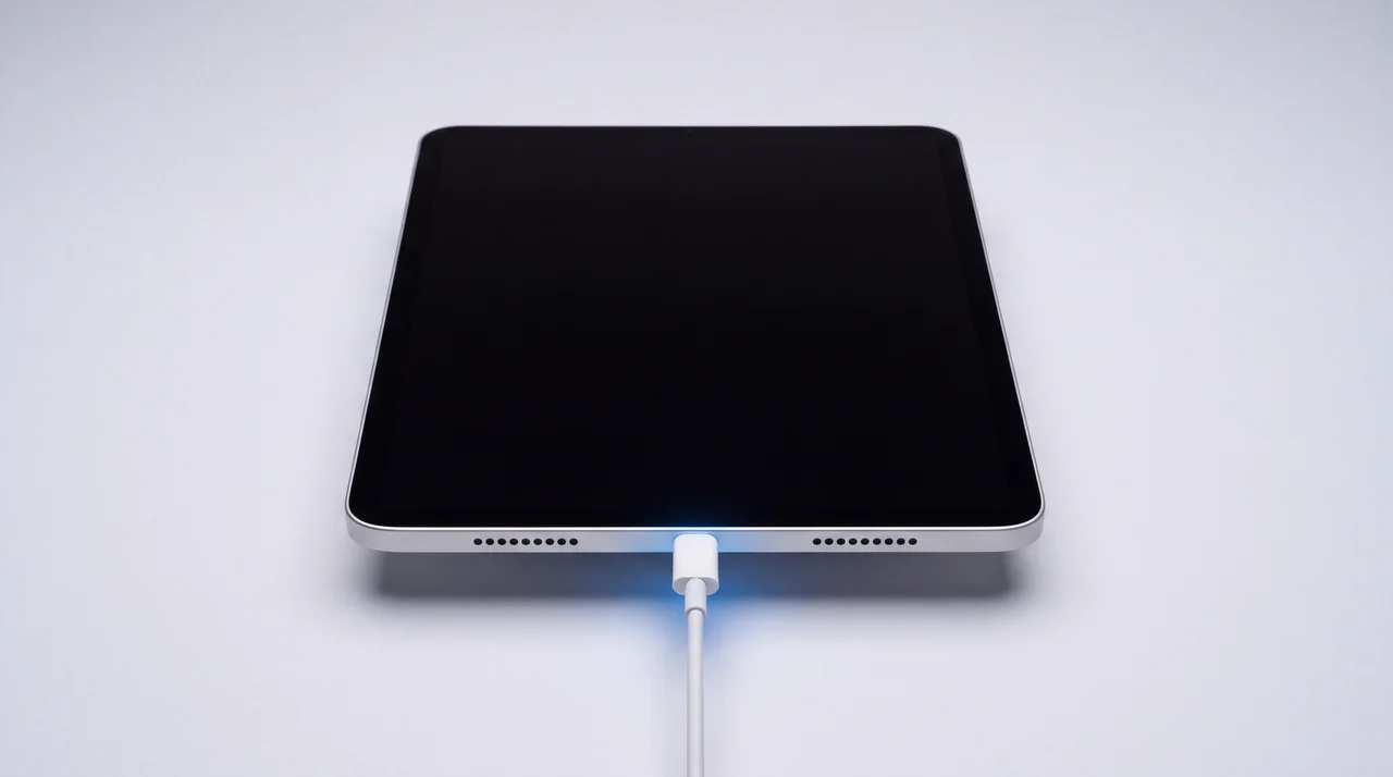 An iPad lying flat with a USB-C cable connected to its bottom charging port, a subtle blue glow around the connection