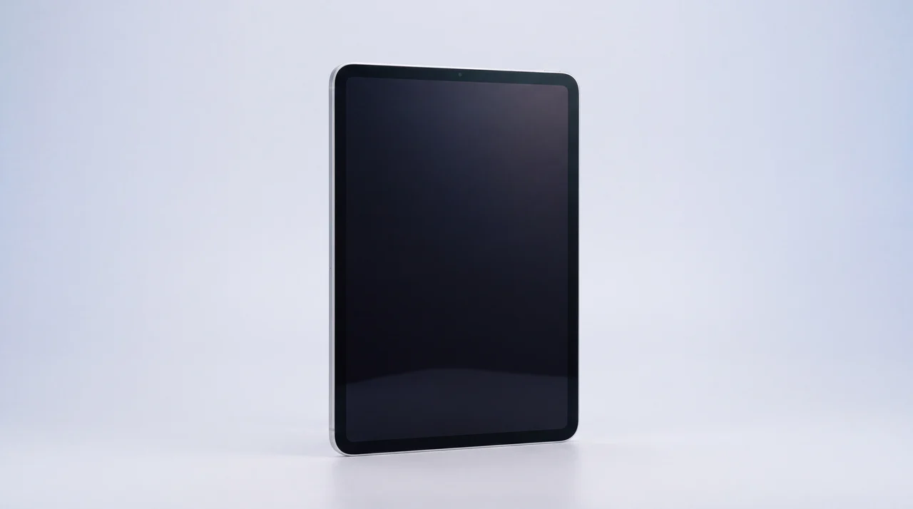 A single pristine iPad standing upright on a clean studio surface, screen off and ready to use