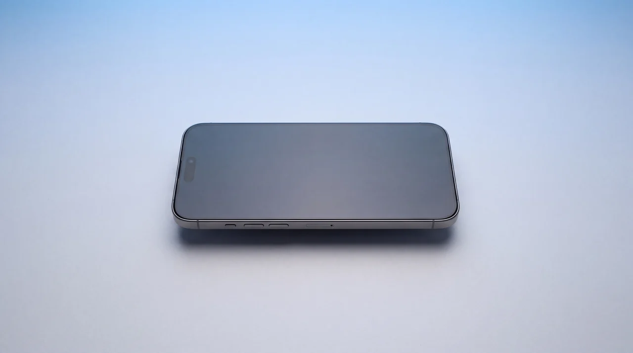 A single pristine iPhone resting on a clean pale-grey studio surface