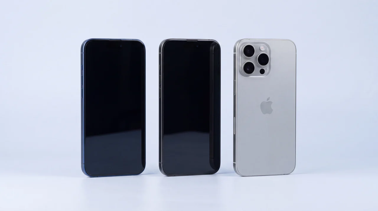 A tidy line-up of refurbished iPhones on a clean pale-grey studio surface