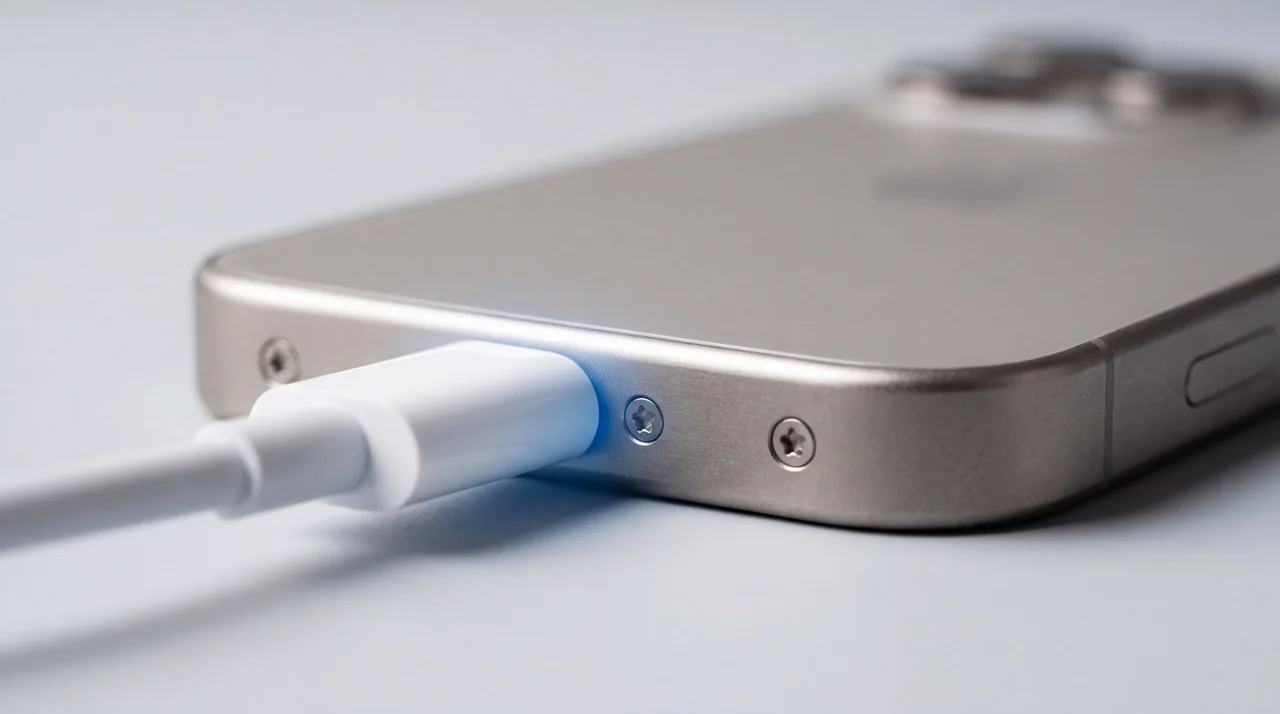 A close-up on an iPhone's bottom charging port with a cable connected, a subtle blue glow at the connection point