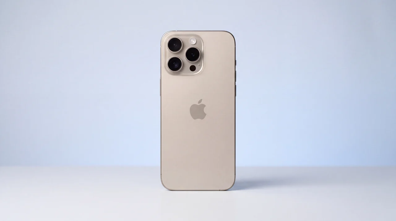 A single pristine iPhone standing upright on a clean pale studio surface, charged and ready to go