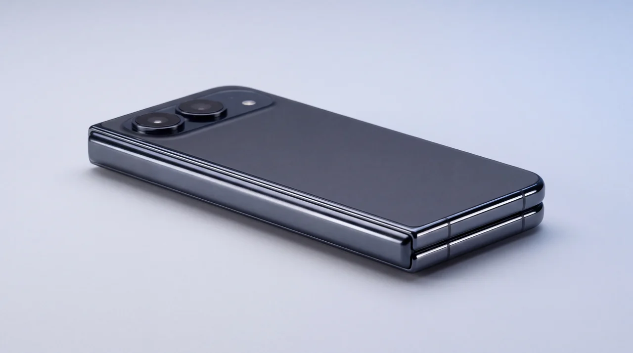 A closed iPhone Duo lying on a pale grey studio surface seen from behind, its mirror-polished titanium frame and hinge cover catching the light, two stacked rear camera lenses on the back