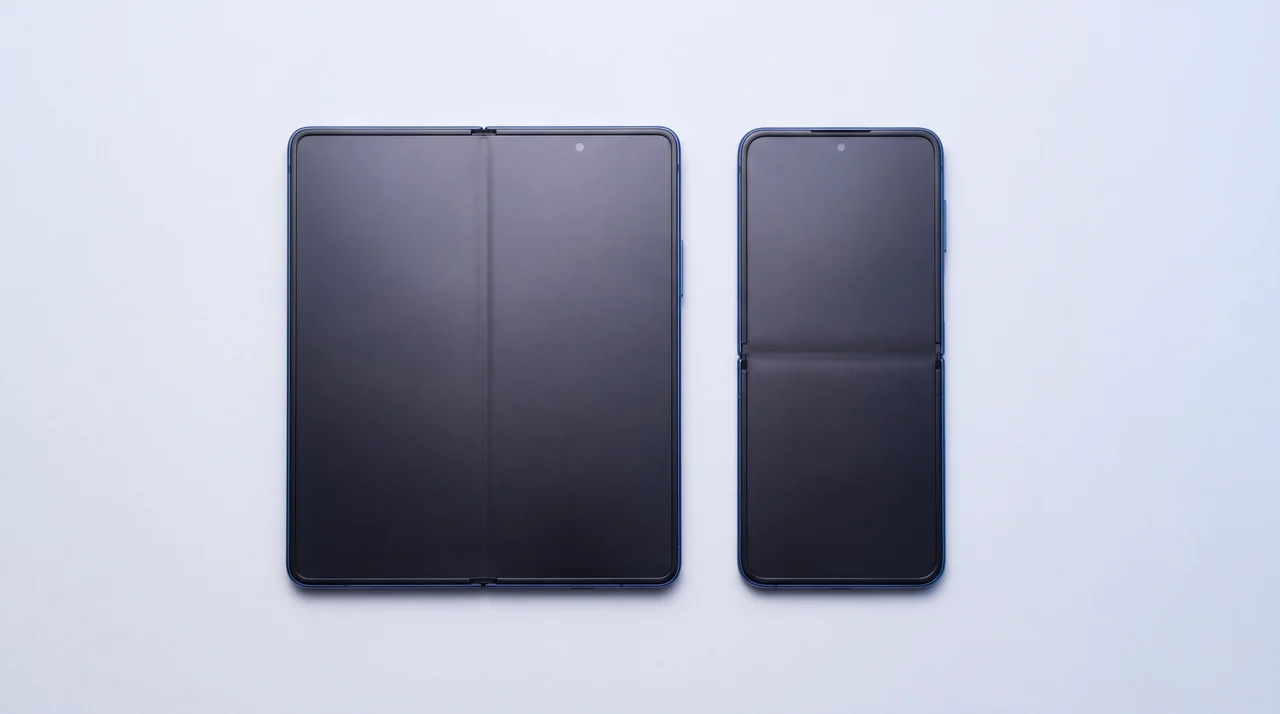 Flat-lay from above of a Samsung Galaxy Z Fold7 and a Galaxy Z Flip7 both lying fully open, their inner folding screens intact with a faint crease on each, on a pale grey studio surface