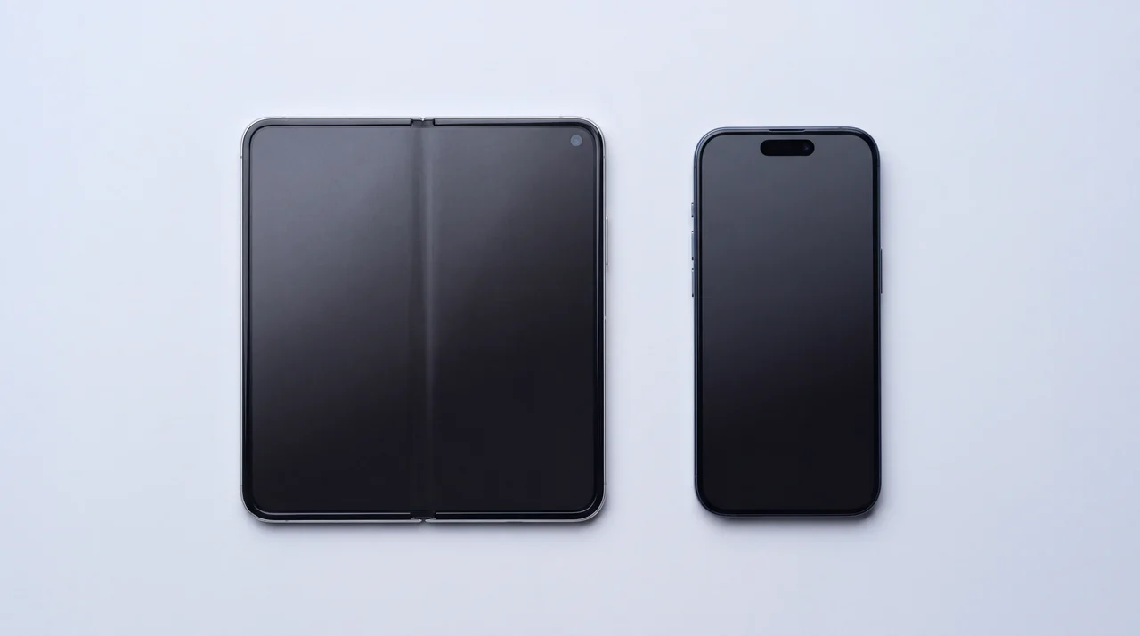 Flat-lay from above of an iPhone Duo lying fully open, its inner folding screen showing a faint crease, beside a standard iPhone 17 Pro with a glass screen, on a pale grey studio surface