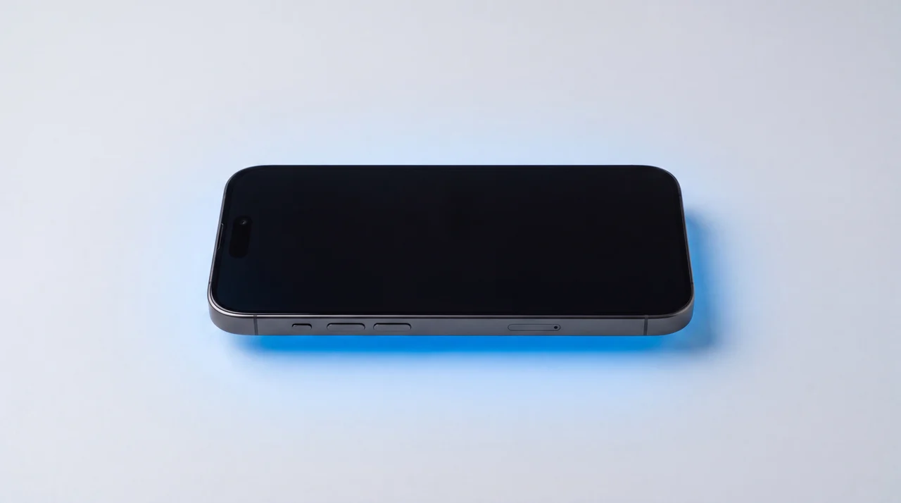 An iPhone lying flat on a clean studio surface with a soft blue diagnostic glow beneath it