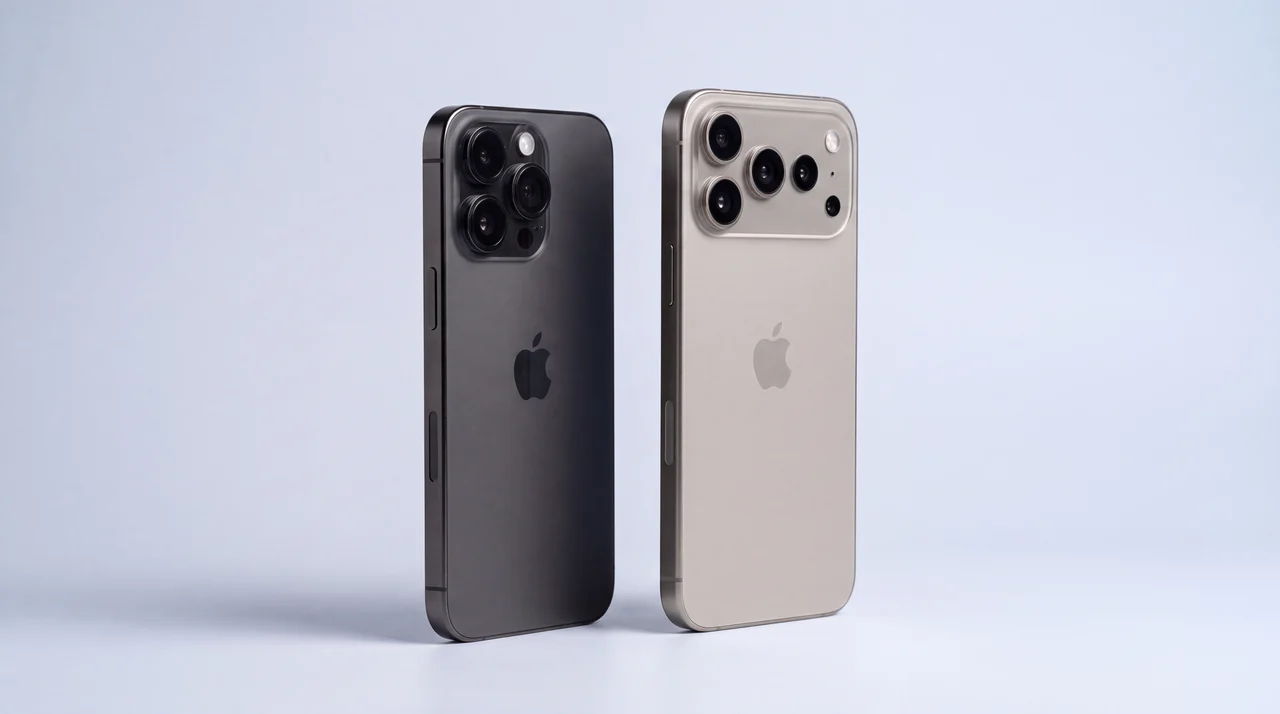 An older iPhone beside a newer pristine iPhone on a clean studio surface, ready for an upgrade