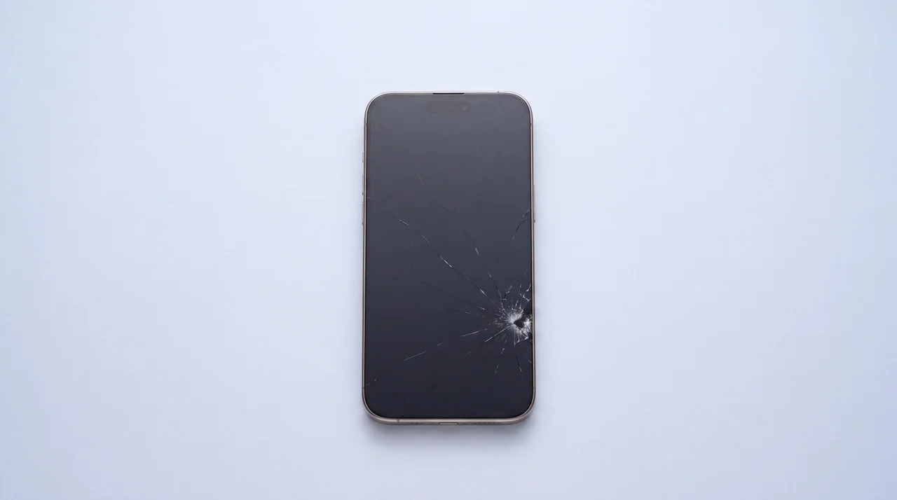 A single iPhone lying flat on a clean studio surface with a realistic crack near one corner of the screen