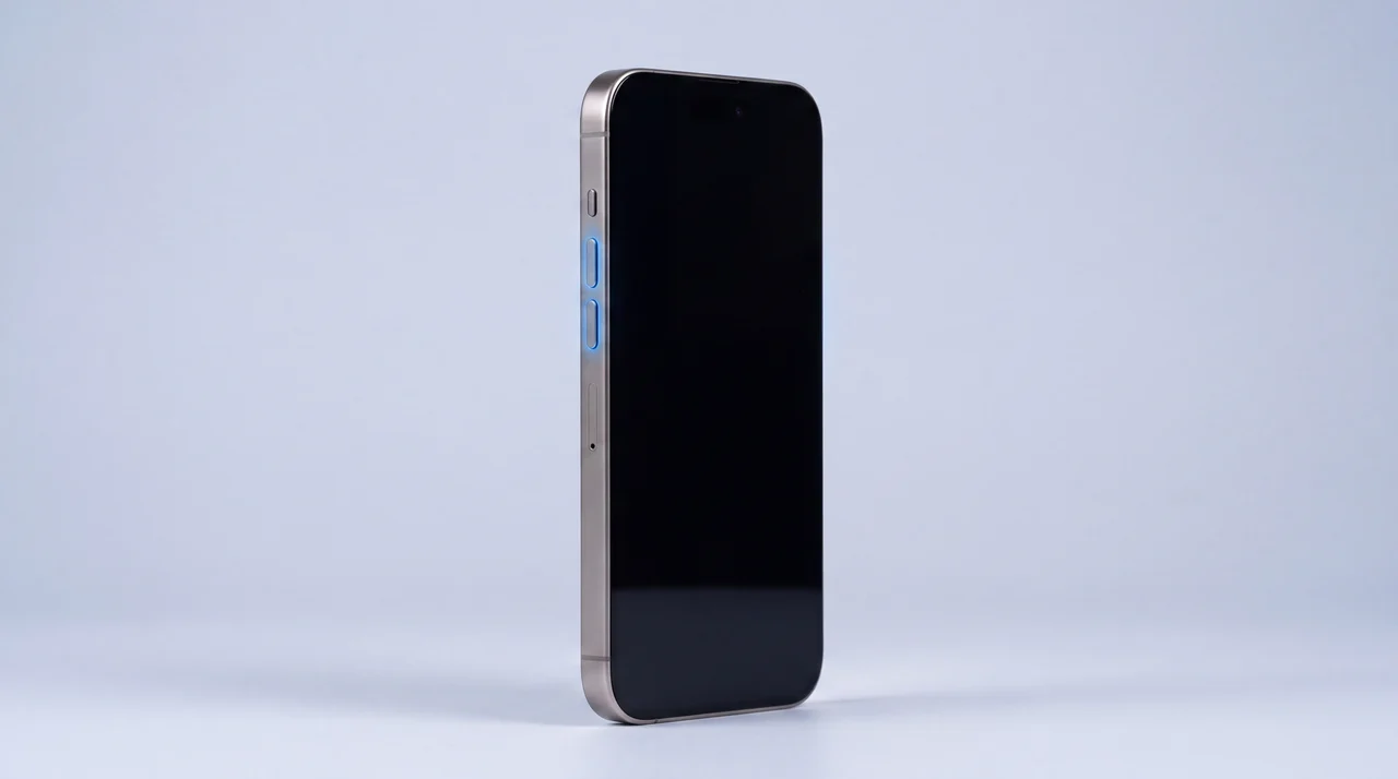 An iPhone angled to show its volume buttons and side button, the buttons used for a force restart