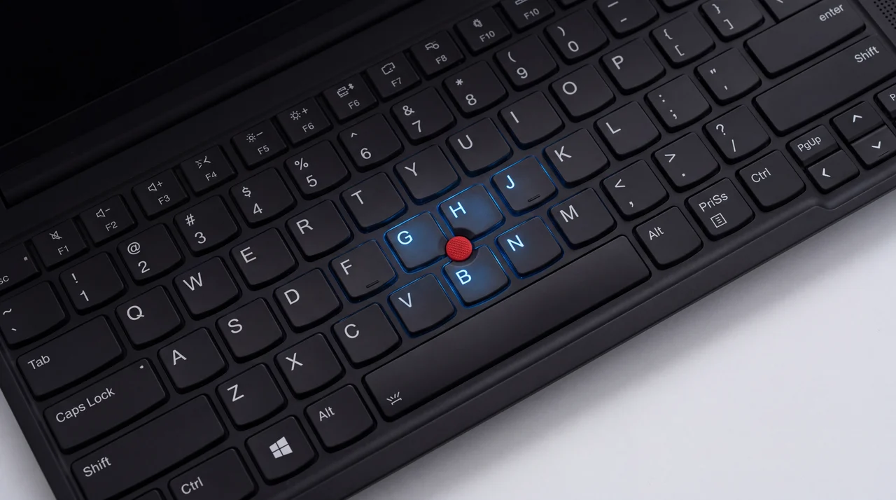 Close-up of a laptop keyboard, a few keys lit with a subtle blue glow as if being tested