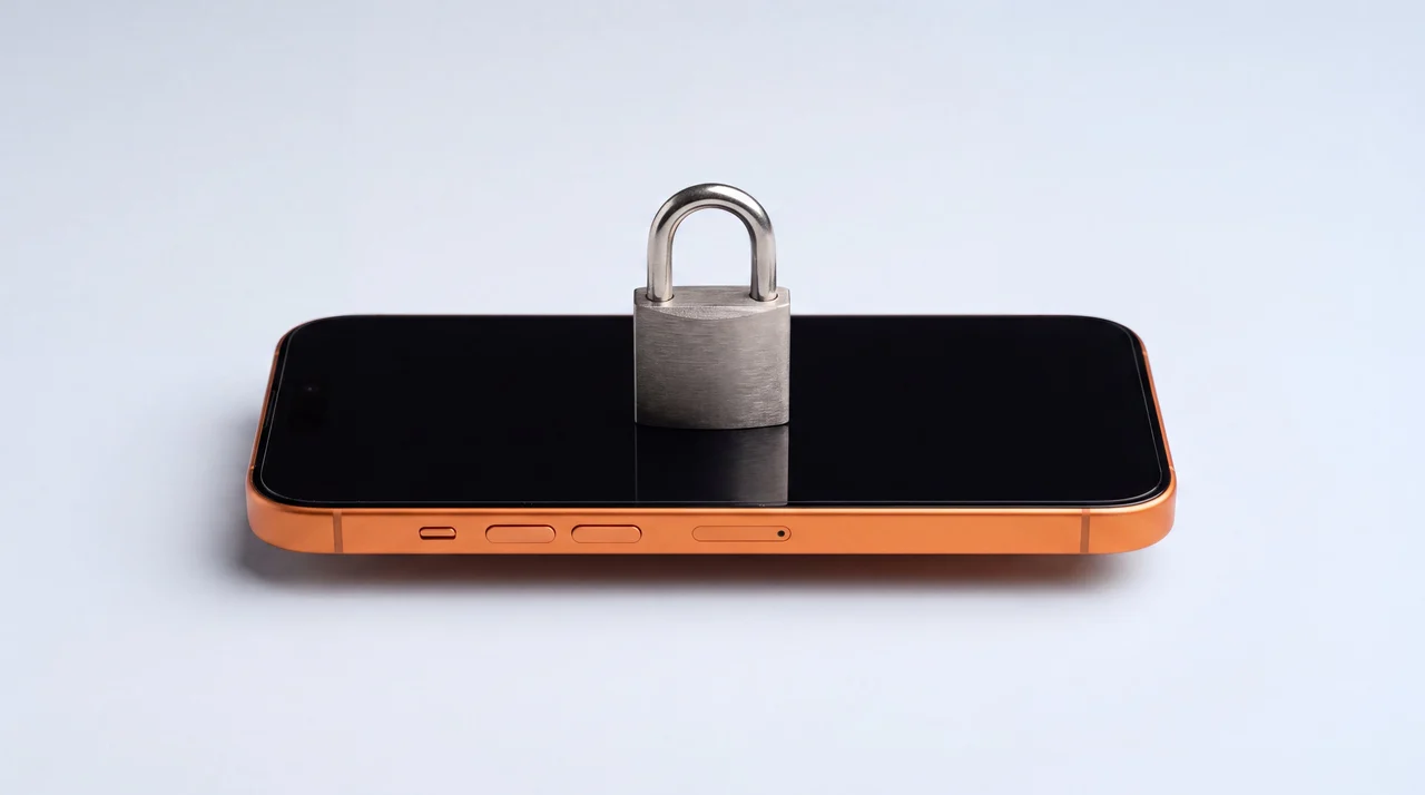 A phone lying flat with a small closed padlock resting on it, representing a phone locked in Lost Mode