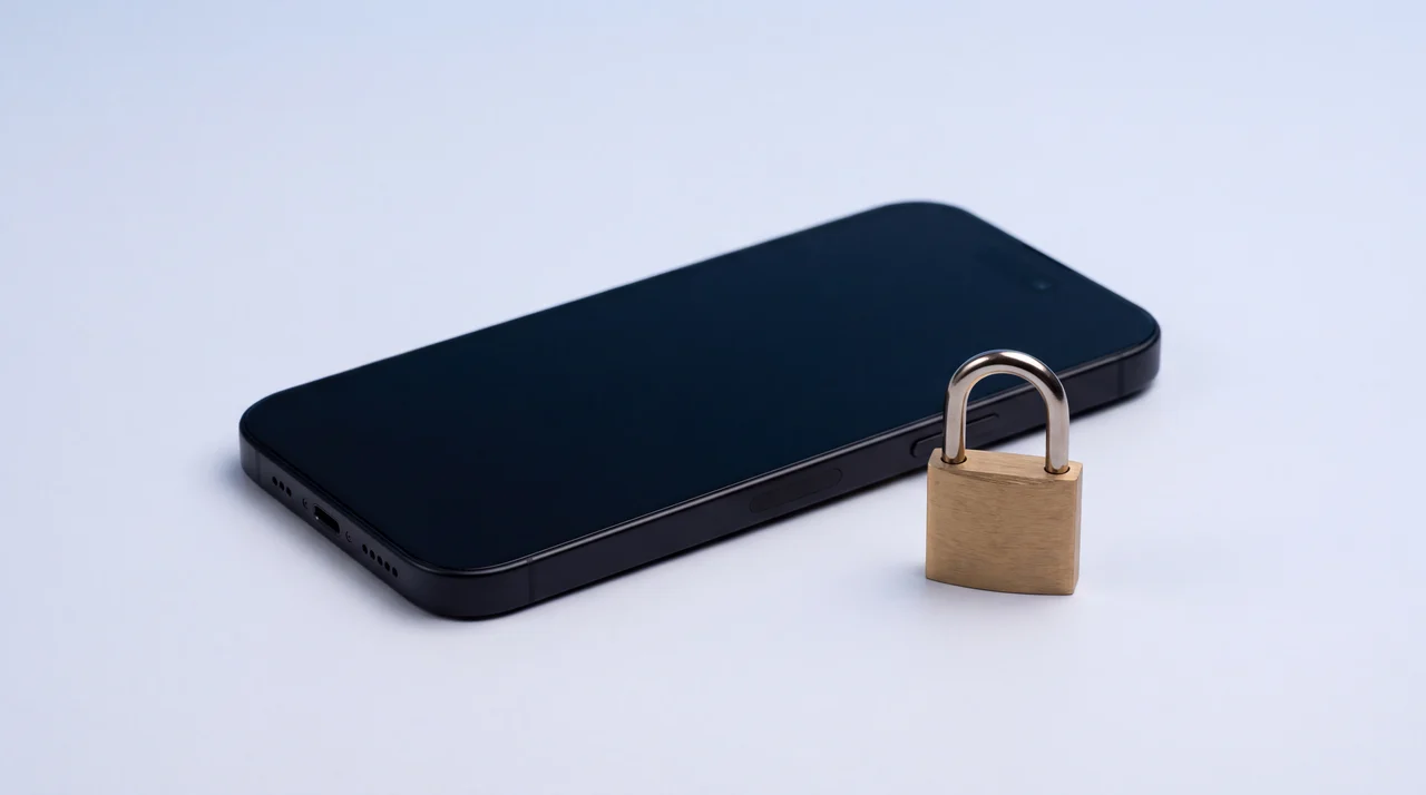 A single black iPhone 15 lying face up on a pale grey surface with a small closed brass padlock resting beside it