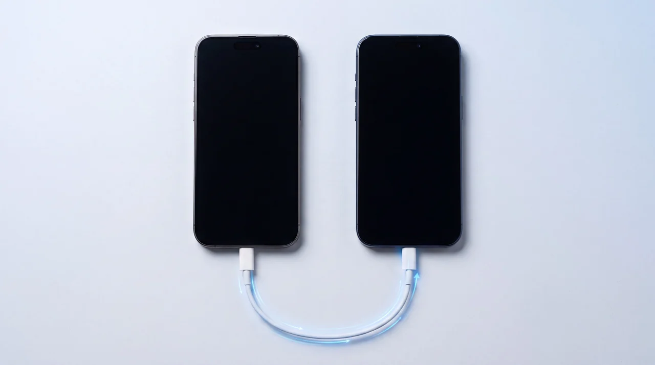 Two iPhones connected by a USB-C cable, data transferring from the old phone to the new one