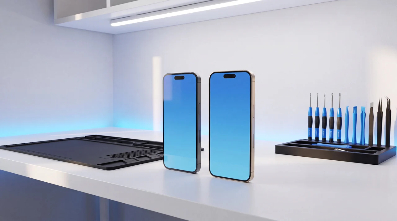 Two iPhones side by side on the mendmyi bench, the new one being set up