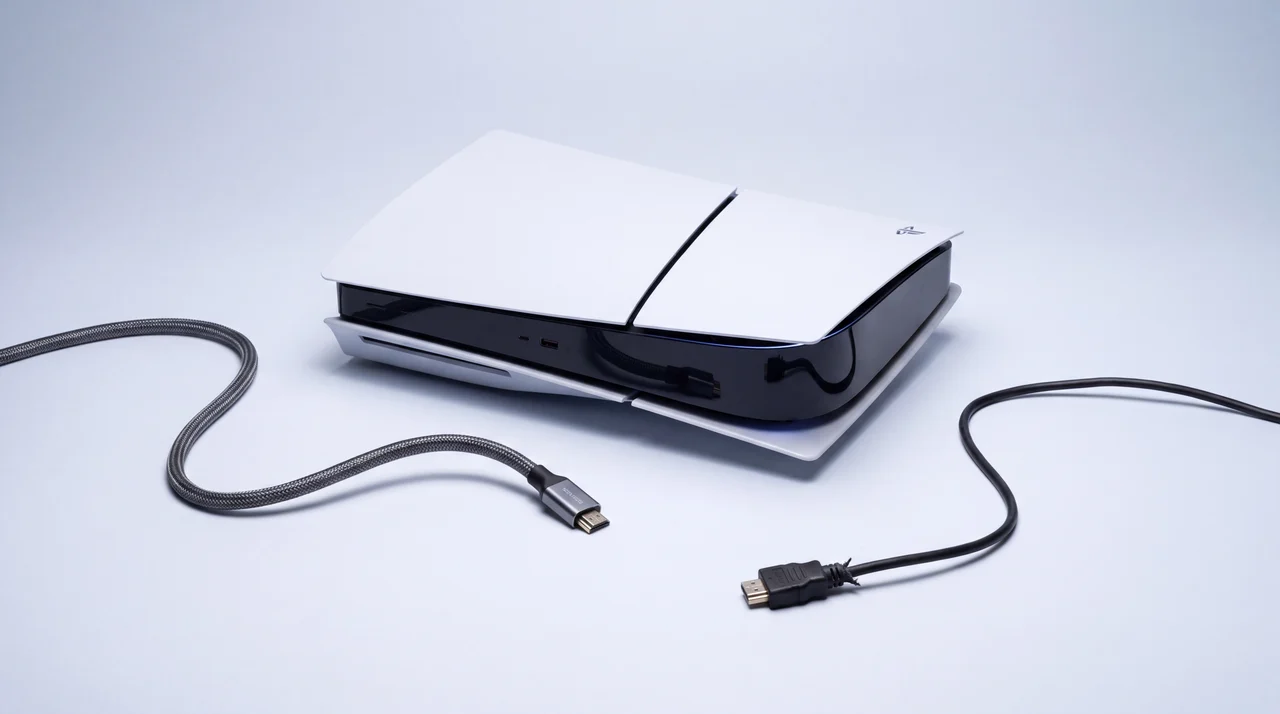 A PlayStation 5 on a clean studio surface beside two contrasting HDMI cables, one neat and premium, one visibly cheap and worn