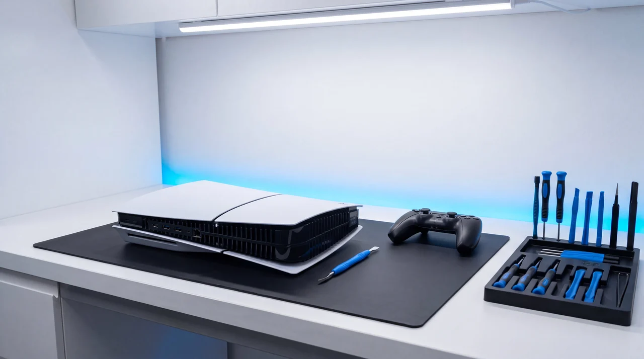 A PlayStation 5 console and controller on the mendmyi repair bench