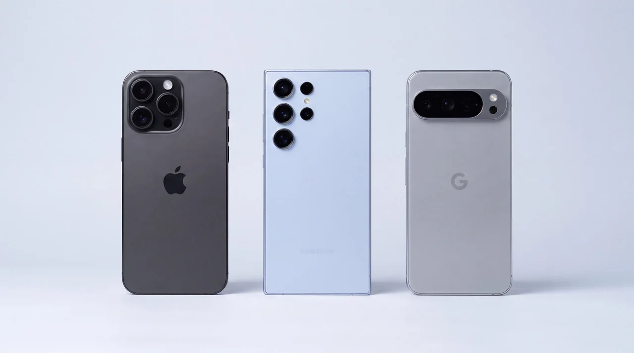 A clean line-up of checked refurbished phones, an iPhone, a Samsung Galaxy and a Google Pixel