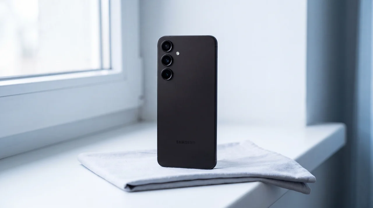A black Samsung Galaxy S25 standing upright on its bottom edge on a folded grey cloth on a bright windowsill, left to air