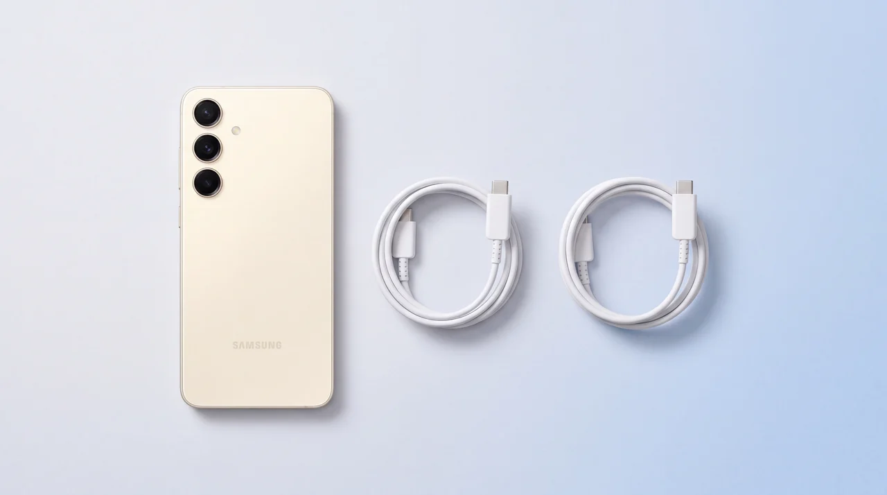 A cream Samsung Galaxy S25 lying face down next to two separate coiled white USB-C cables, one cable for each device