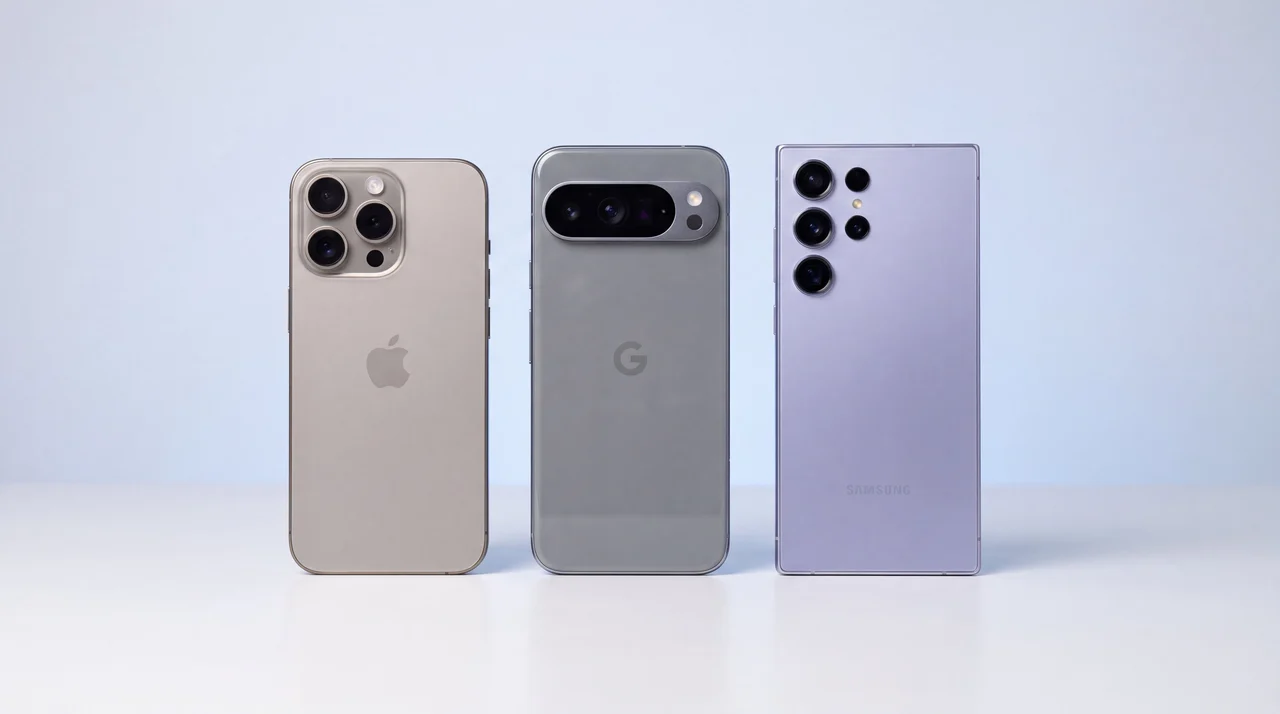 A line-up of refurbished iPhone, Google Pixel and Samsung phones on a clean studio surface
