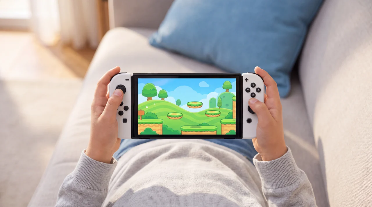 A bird's-eye view of a child's hands playing a white Nintendo Switch OLED on a sofa, the screen showing a bright cartoon platform game
