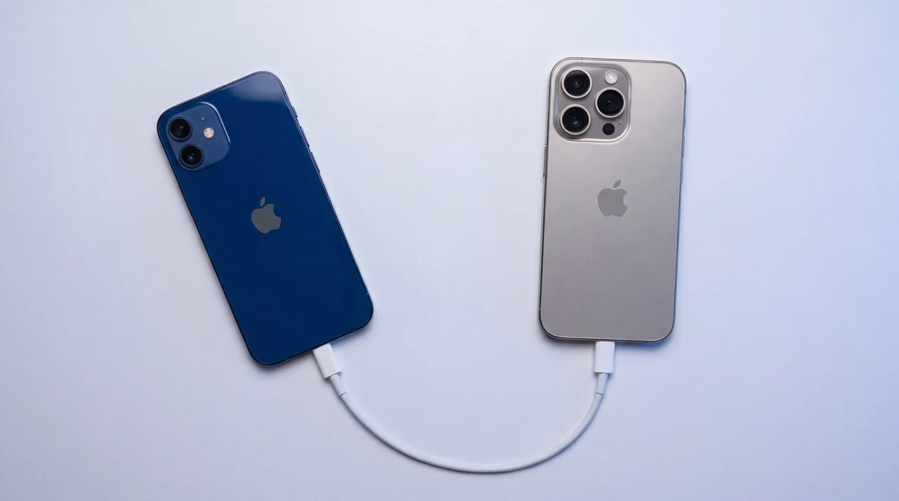 An iPhone 12 and an iPhone 16 Pro Max lying flat, joined by a white USB-C to Lightning cable between their charging ports, seen from directly above