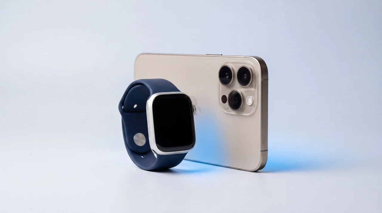 An Apple Watch Series 10 with a navy sport band standing beside a titanium iPhone, still paired to each other