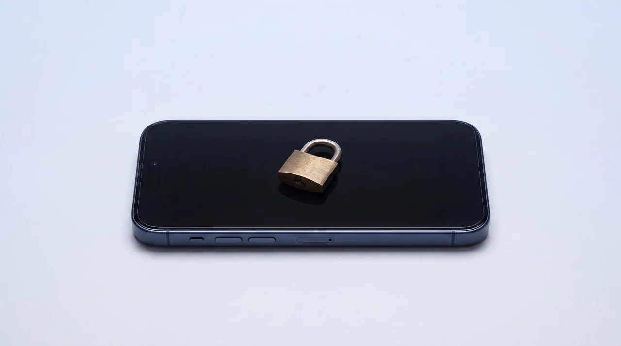 A modern iPhone lying flat with a small padlock resting on the screen, representing a securely wiped and locked-down phone