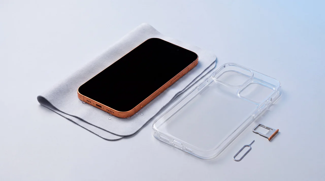 A powered-off iPhone drying on a soft lint-free cloth with its case removed and SIM tray ejected beside it