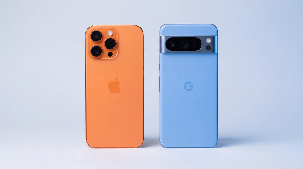 A pristine refurbished iPhone and Google Pixel side by side on a clean studio surface, ready to go