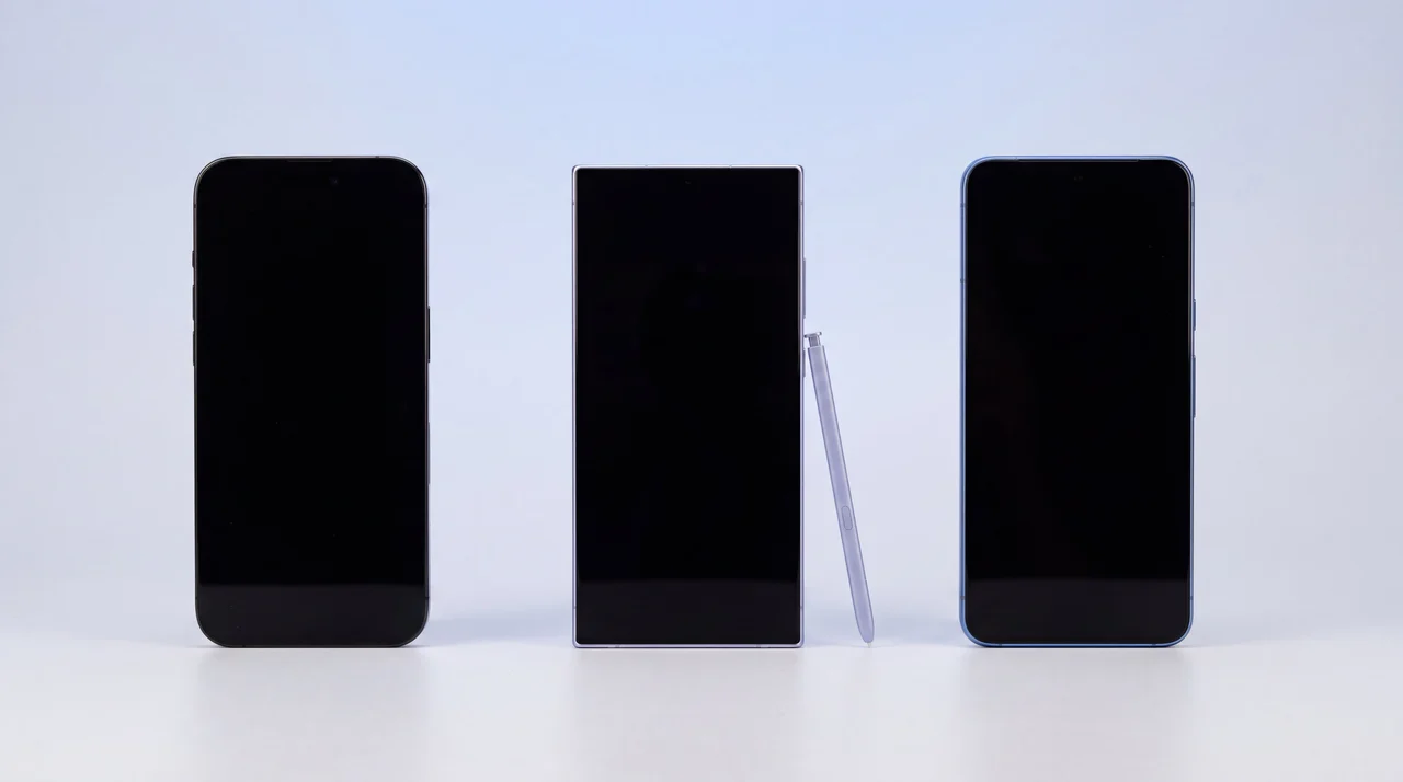 An iPhone, a Samsung Galaxy and a Google Pixel side by side with blank screens, freshly wiped and ready for new owners