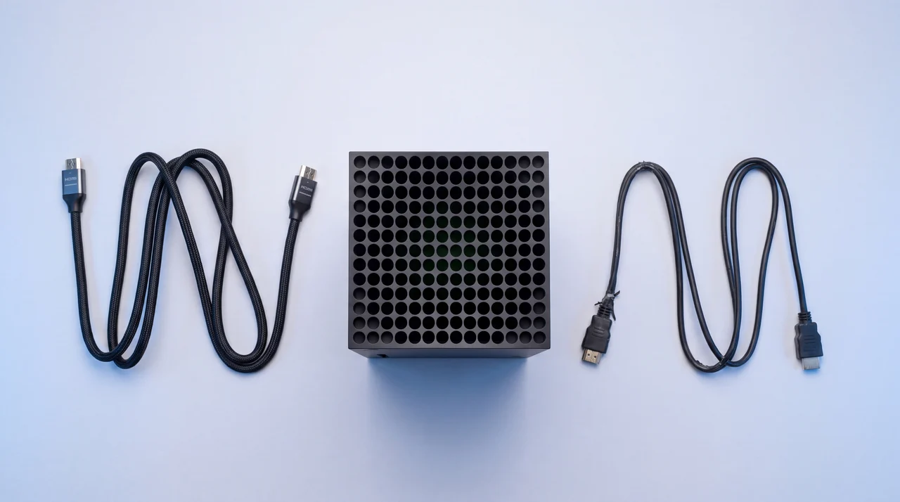 An Xbox Series X seen from above beside two contrasting HDMI cables, one neat and premium, one visibly cheap and frayed