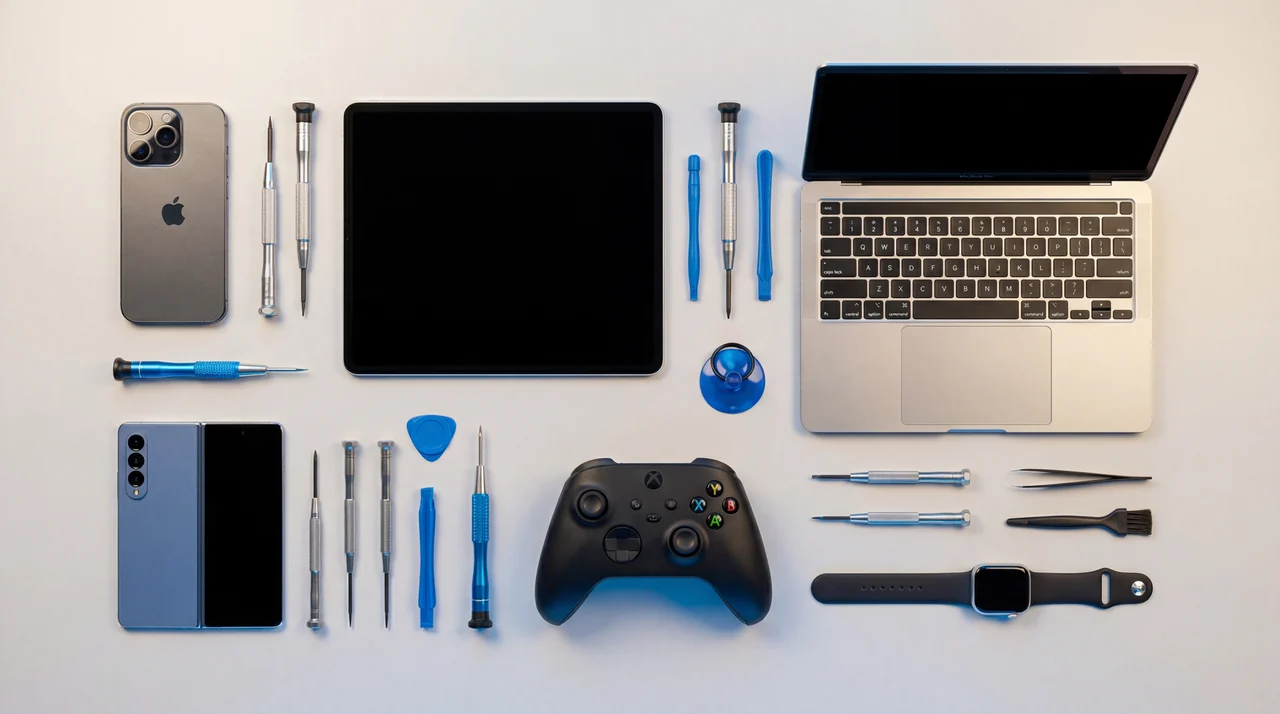 Range of electronic devices and services offered by mendmyi including phones, tablets, laptops, and consoles