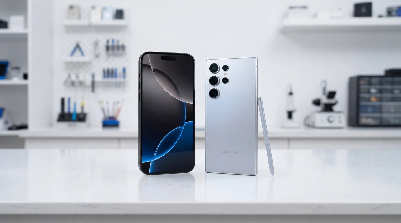 Professional device repair workshop with technician working on smartphones and tablets