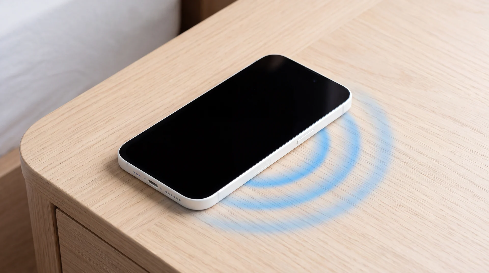 A white iPhone 16 lying face up on a light oak bedside table with its screen still dark, faint rings of blue light spreading across the wood beside it like a tap that went unanswered