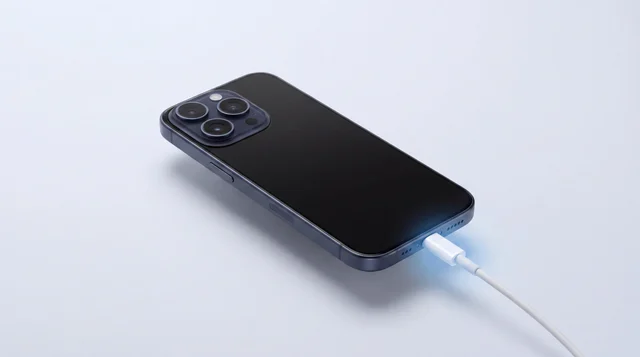 An iPhone charging on a clean studio surface with a subtle blue glow around the cable