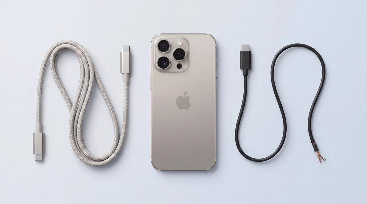 A single iPhone lying flat on a clean studio surface beside two contrasting USB-C cables, one neat and premium, one visibly cheap and frayed