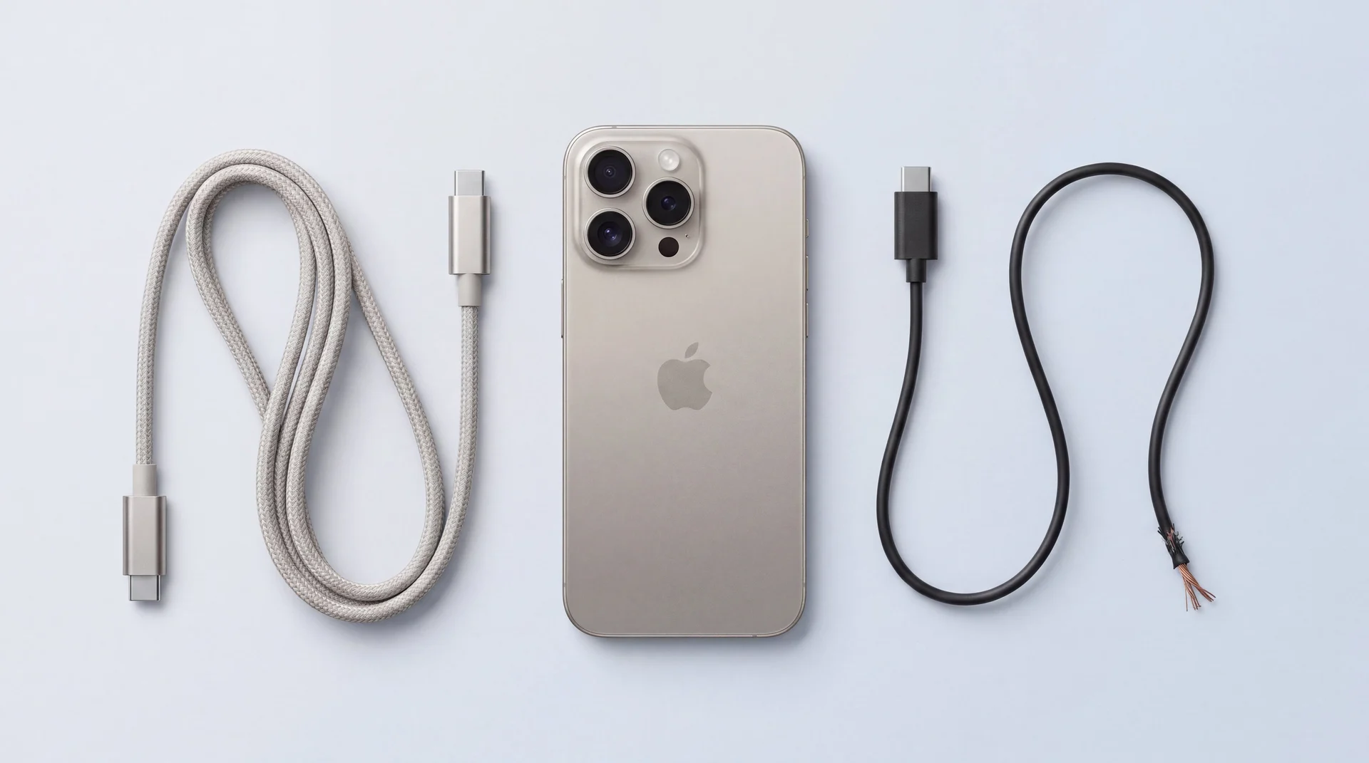 A single iPhone lying flat on a clean studio surface beside two contrasting USB-C cables, one neat and premium, one visibly cheap and frayed