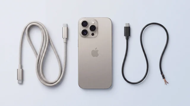 A single iPhone lying flat on a clean studio surface beside two contrasting USB-C cables, one neat and premium, one visibly cheap and frayed