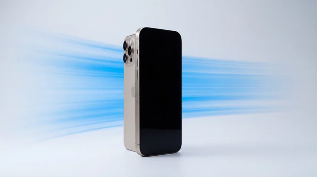 A pristine iPhone standing upright with a soft blue motion streak behind it on a clean studio surface