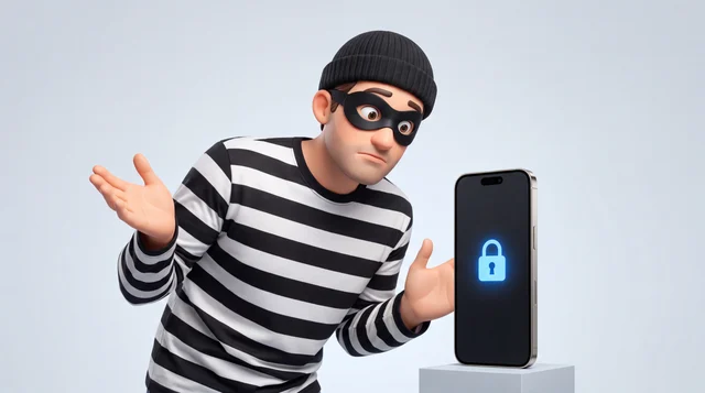 A comically baffled burglar in a stripey top and eye mask staring at a locked phone on a clean studio surface