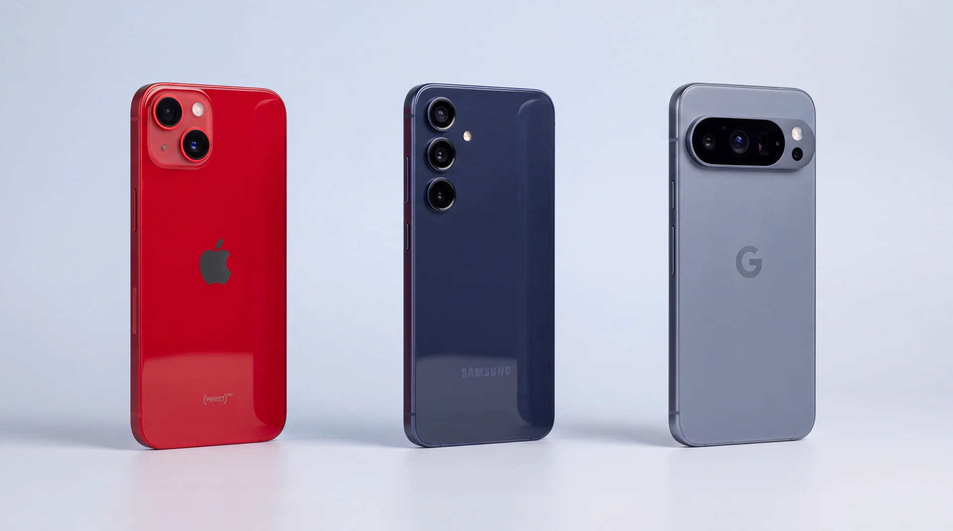 An iPhone, a Samsung Galaxy and a Google Pixel standing side by side on a clean studio surface