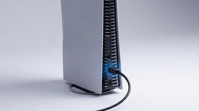 A PlayStation 5 standing upright on a clean pale-grey studio surface with an HDMI cable connected to the rear port and a subtle blue glow along the cable